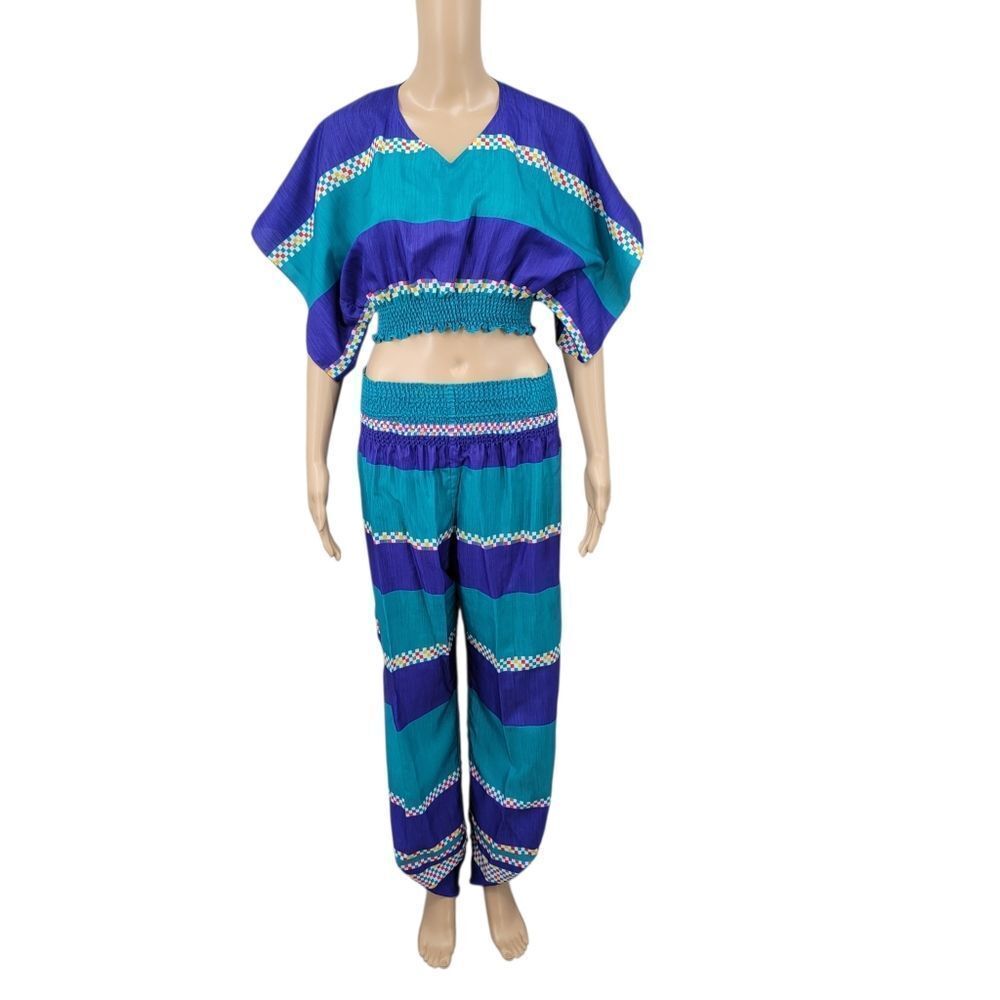 Vintage Blue Hawaii Cropped Kimono Top and Cropped Pants Blue Colorblock
